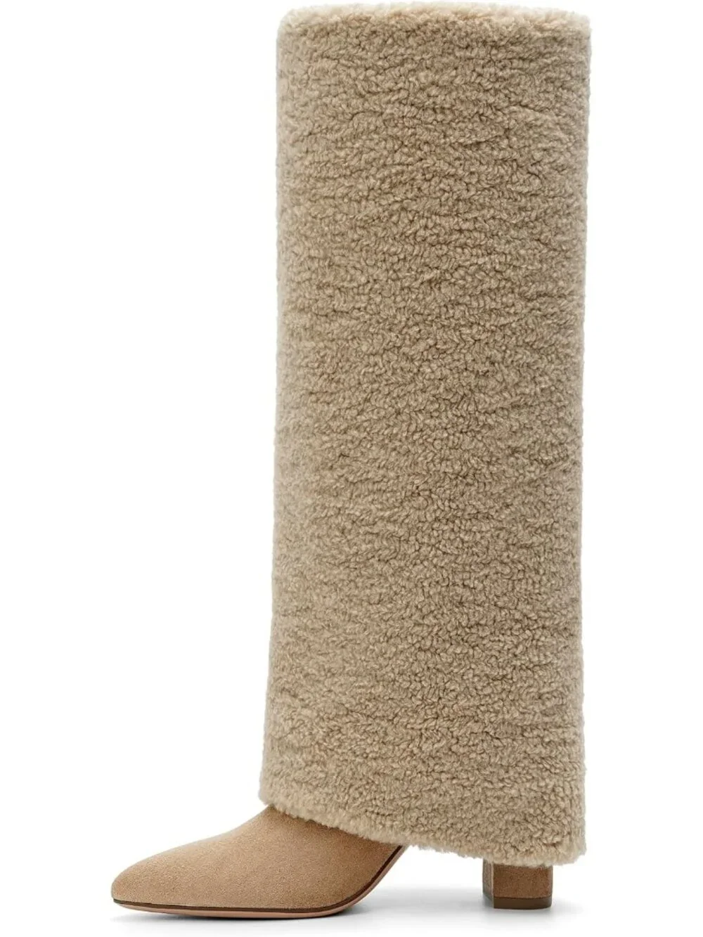 Women's Nude Fur Pointed Toe Chunky Heel Faux Leather Over The Knee Boots